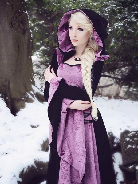 Purple And Black Velvet Gothic Hooded Medieval Dress